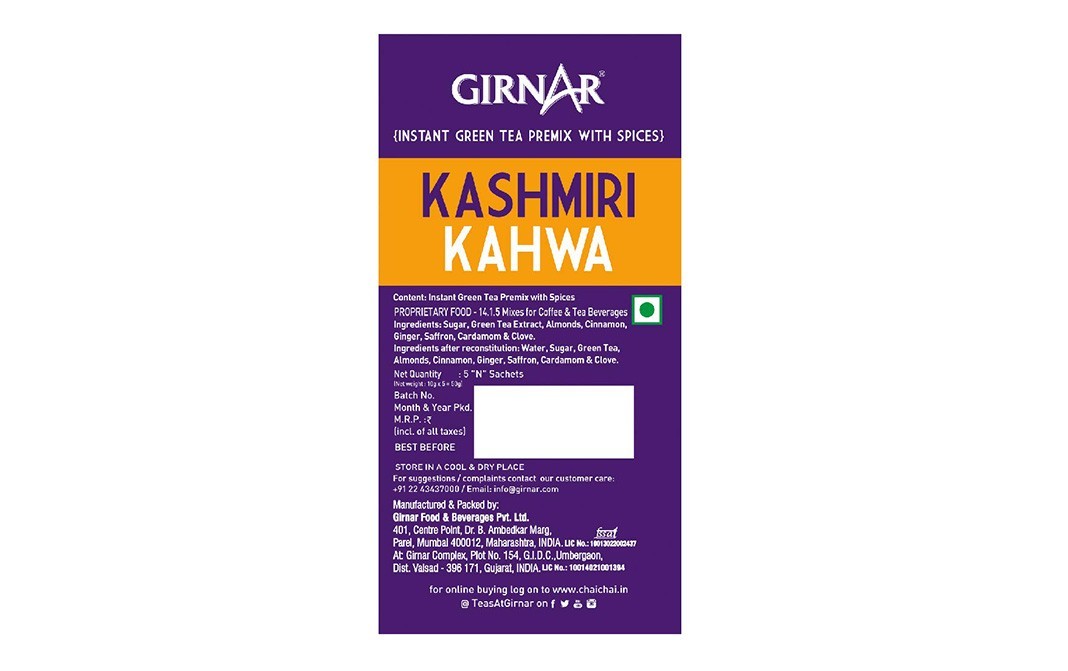 Girnar Kashmir Kahwa (Green Tea Almonds Cinnamon, Ginger, Saffron, Cardamom, Clove)   Box  5 pcs